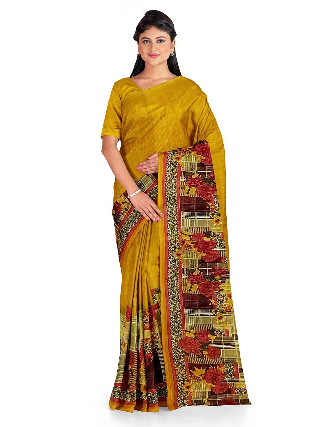 

Florence Yellow & Red Floral Pure Georgette Fusion Dharmavaram Saree