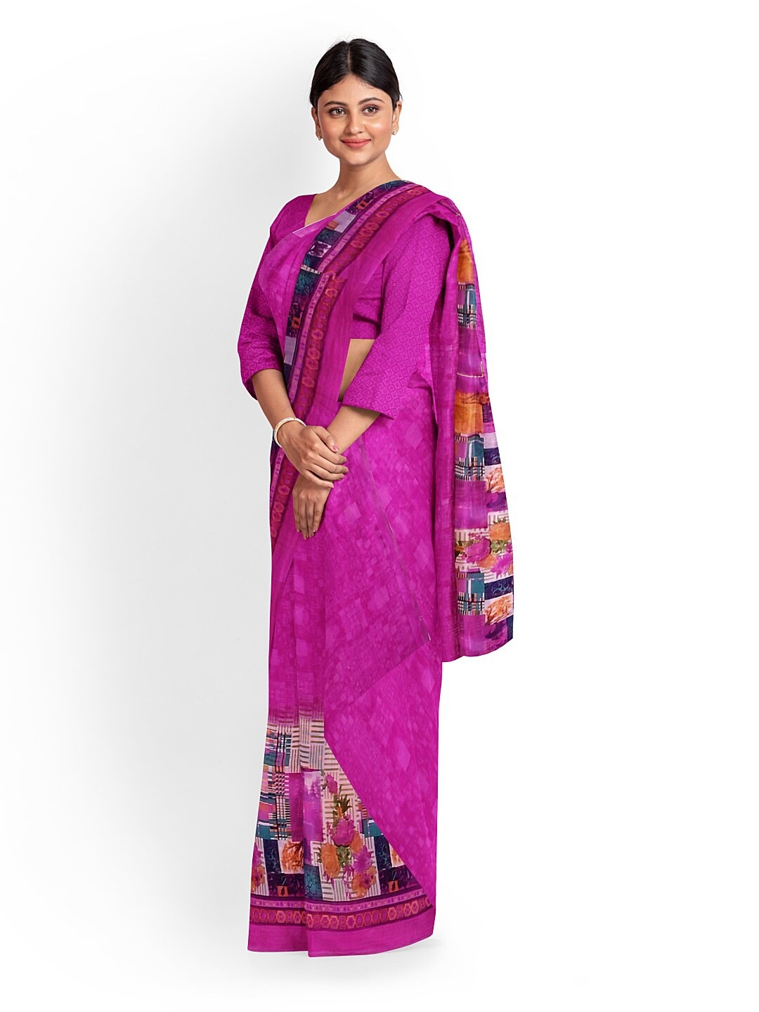 Florence Pink & Blue Floral Pure Georgette Fusion Dharmavaram Saree