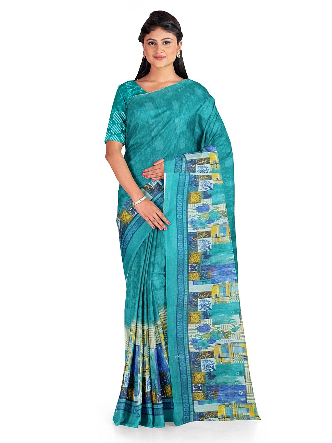 

KALINI Sea Green & Yellow Floral Pure Georgette Saree
