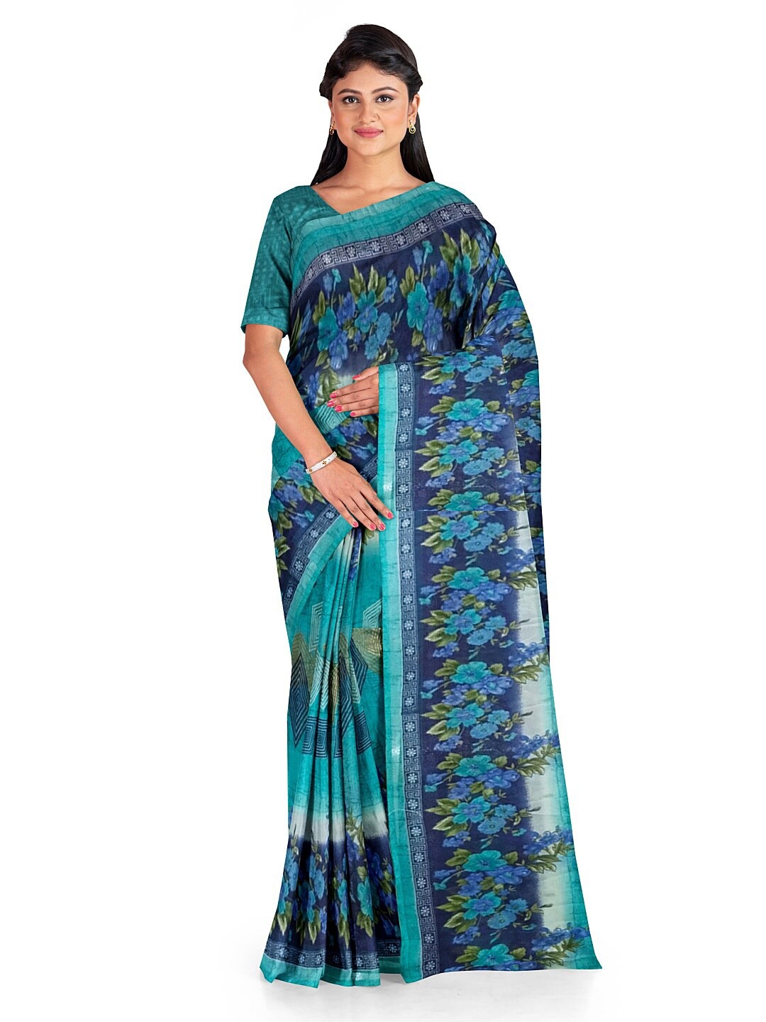 

KALINI Green & White Floral Pure Georgette Fusion Dharmavaram Saree