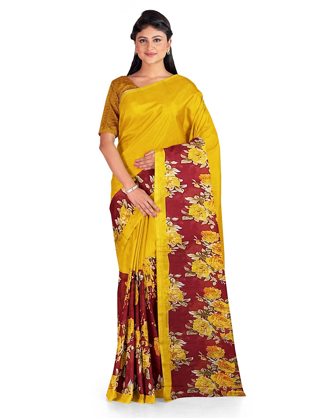KALINI Yellow & Red Floral Pure Georgette Fusion Dharmavaram Saree
