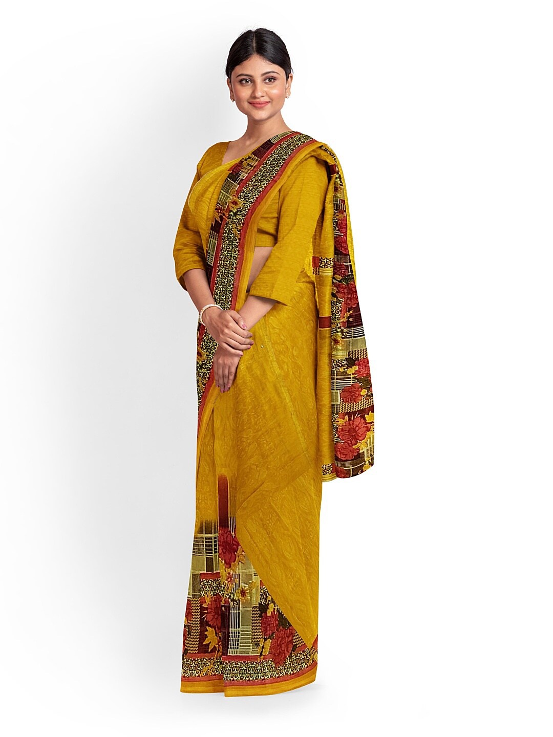 

KALINI Yellow & Red Floral Pure Georgette Fusion Dharmavaram Saree