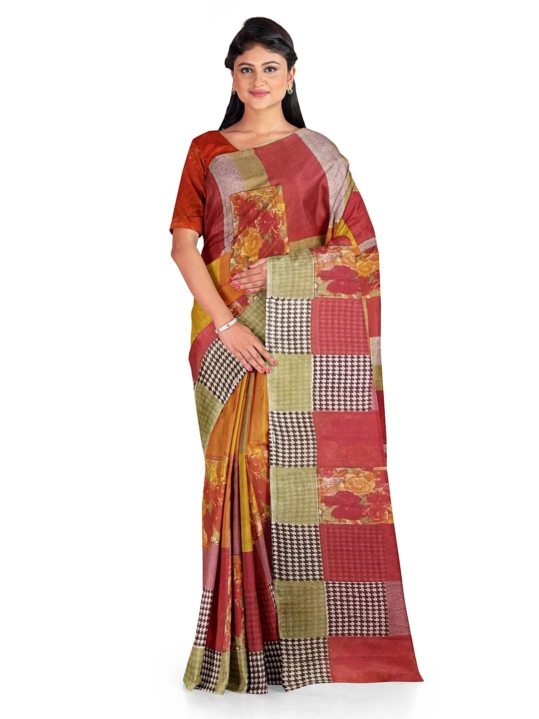 

KALINI Red & Yellow Pure Georgette Fusion Dharmavaram Saree