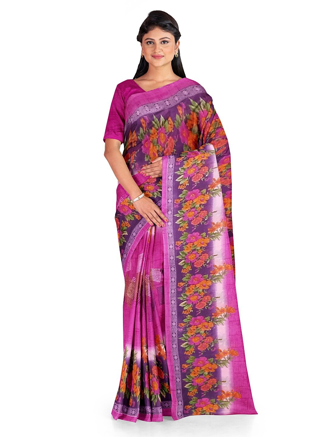 

KALINI Pink & Purple Floral Pure Georgette Fusion Dharmavaram Saree