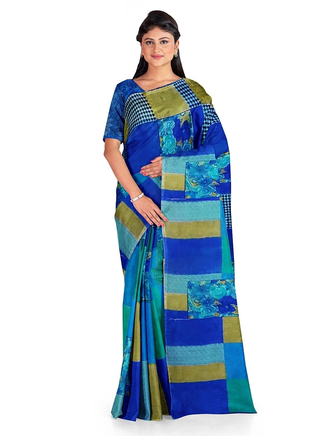 

KALINI Blue & Beige Colourblocked Pure Georgette Fusion Dharmavaram Saree