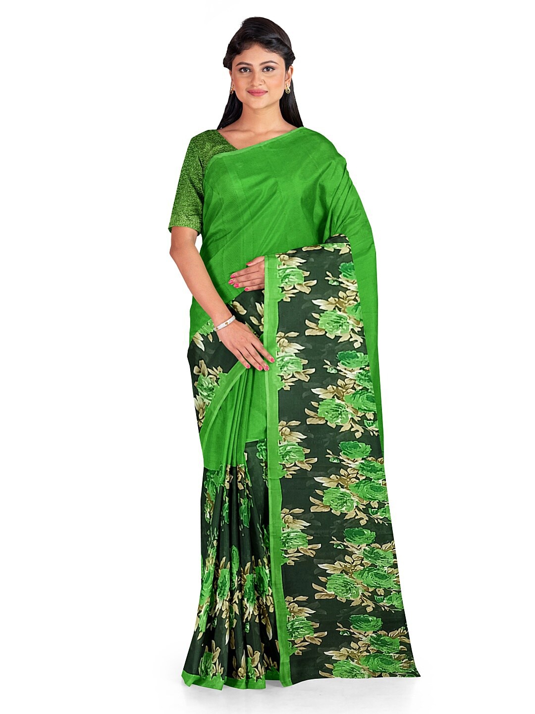 

KALINI Green & Black Floral Pure Georgette Fusion Dharmavaram Saree