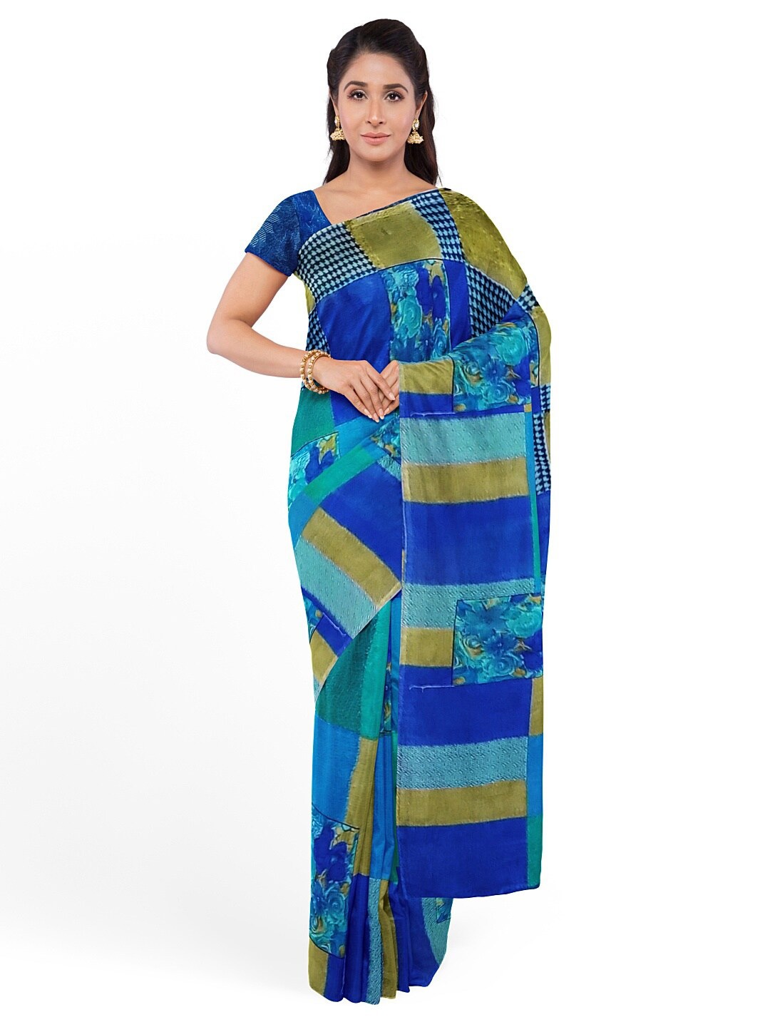 

Florence Blue & Beige Ethnic Motifs Pure Georgette Fusion Dharmavaram Saree