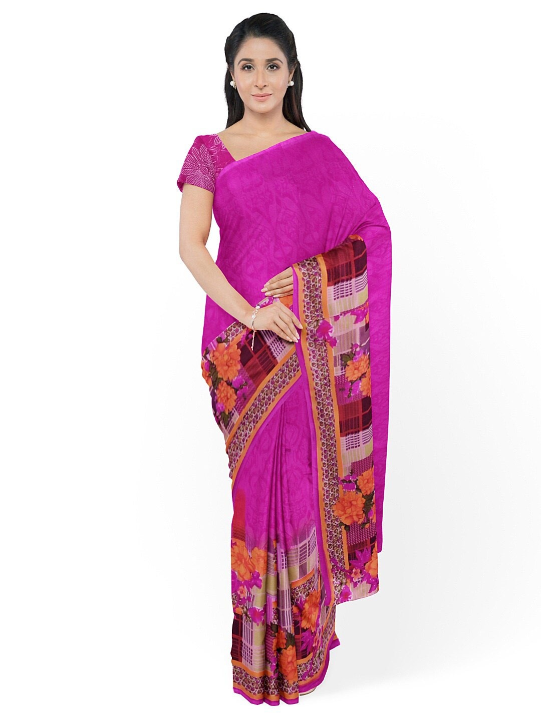 

Florence Pink & Green Floral Pure Georgette Fusion Dharmavaram Saree