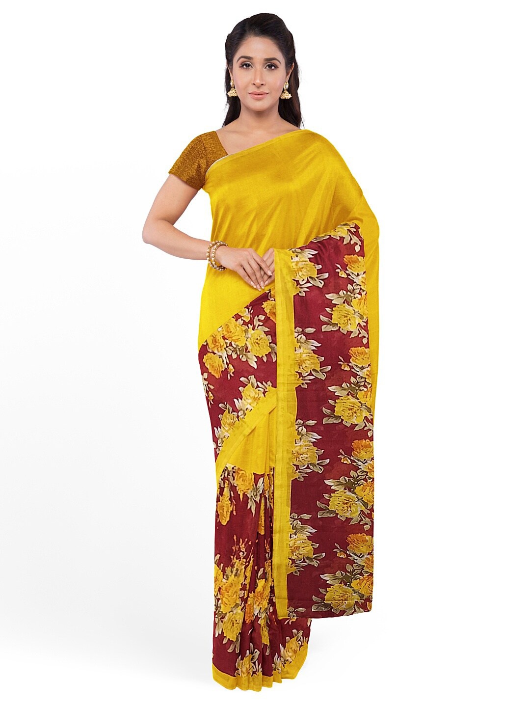 

Florence Yellow & Maroon Floral Pure Georgette Fusion Dharmavaram Saree