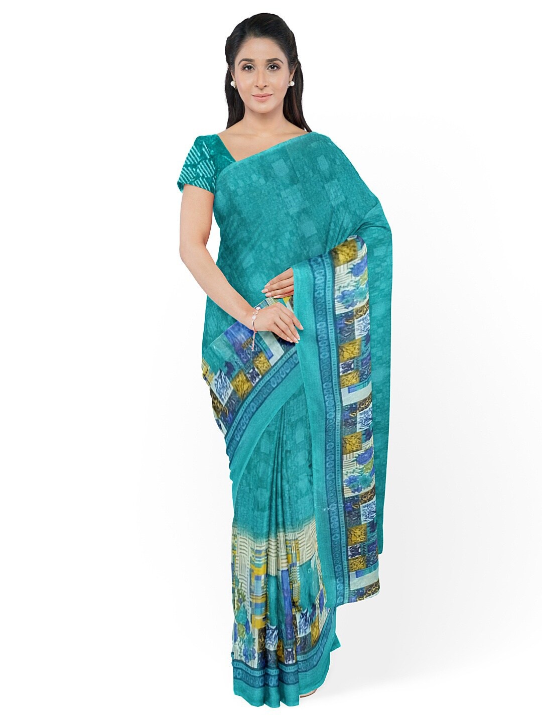 

Florence Green & Blue Colourblocked Pure Georgette Fusion Dharmavaram Saree
