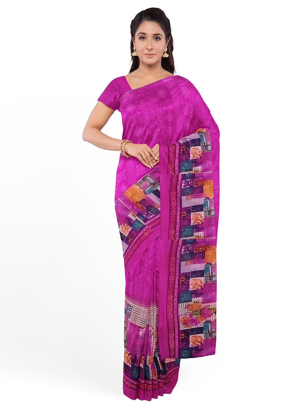 

Florence Pink & Yellow Floral Pure Georgette Fusion Dharmavaram Saree