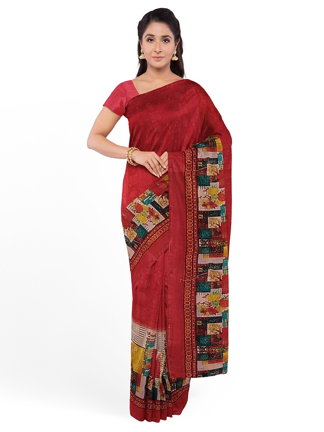 

Florence Peach-Coloured & Beige Floral Pure Georgette Dharmavaram Saree