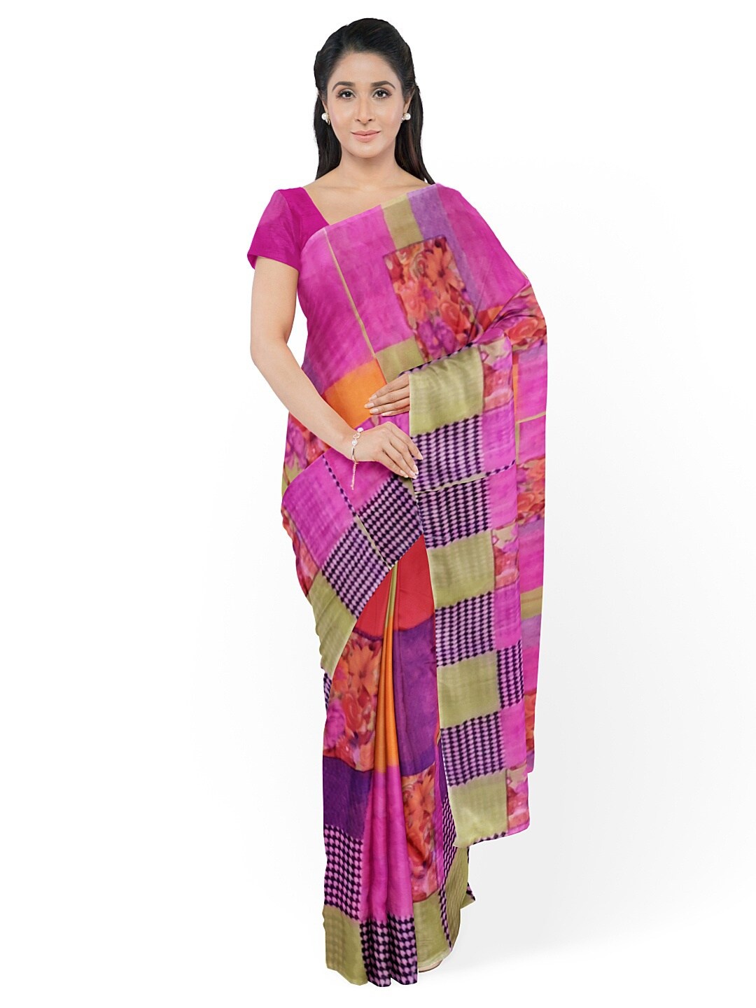 

Florence Pink & Orange Floral Pure Georgette Dharmavaram Saree