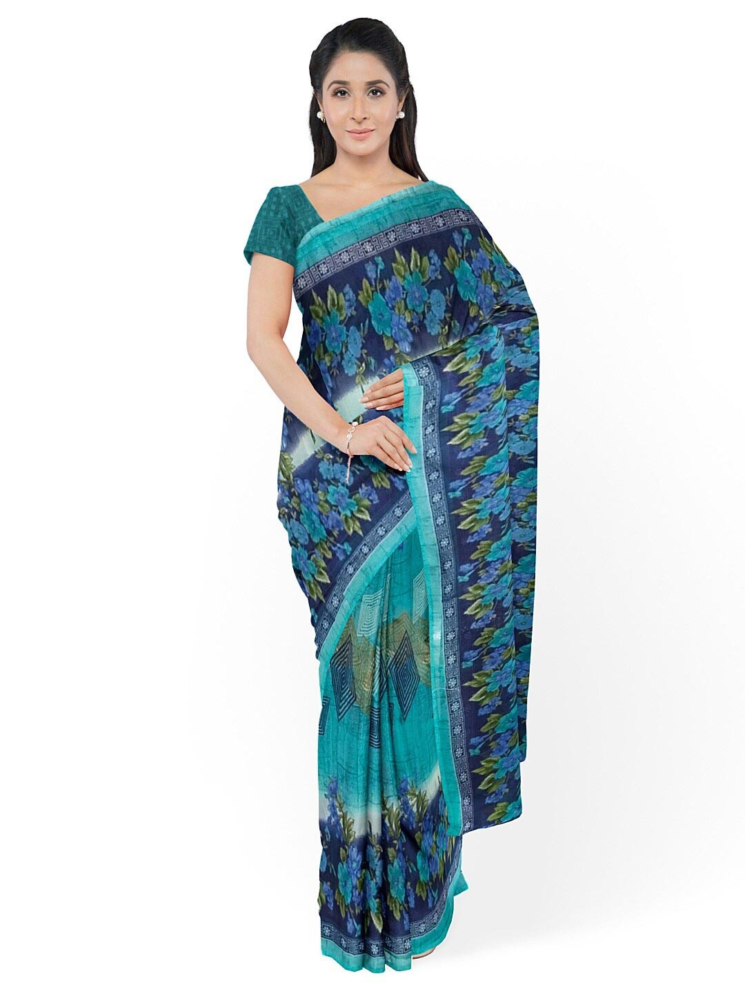 

Florence Green & Green Floral Pure Georgette Fusion Dharmavaram Saree