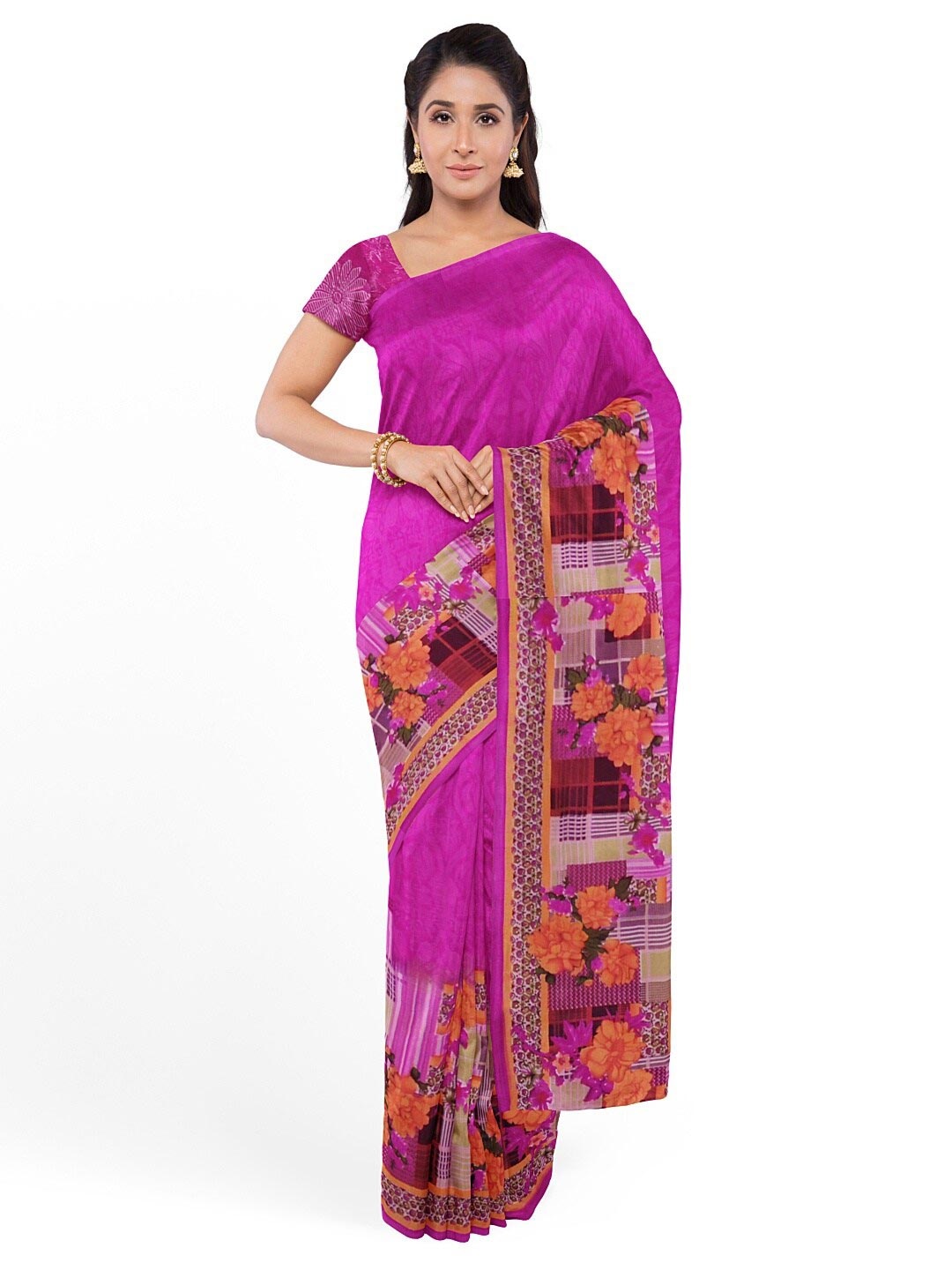 

KALINI Pink Floral Pure Georgette Fusion Dharmavaram Saree