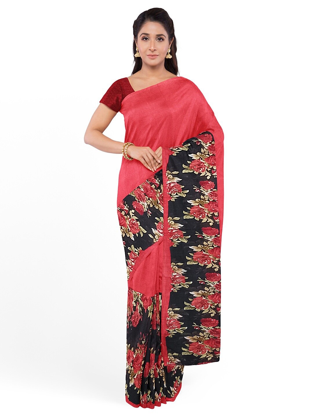 

KALINI Red & Black Floral Pure Georgette Fusion Dharmavaram Saree