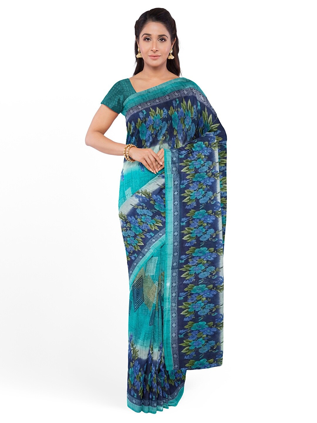 

KALINI Green & White Floral Pure Georgette Saree