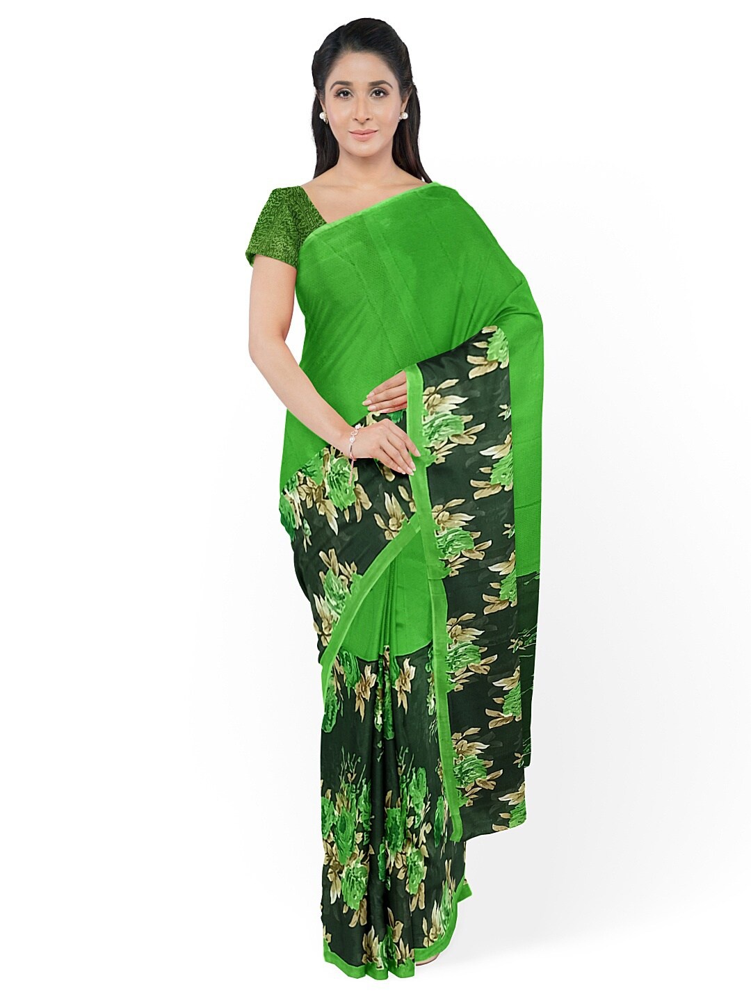 

KALINI Green & Brown Floral Pure Georgette Fusion Dharmavaram Saree