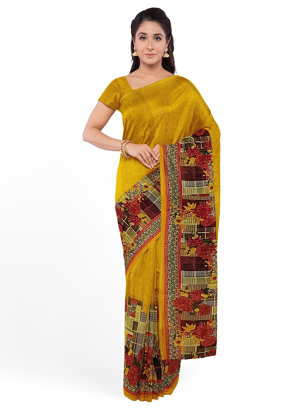 

KALINI Yellow & Red Floral Pure Georgette Dharmavaram Saree