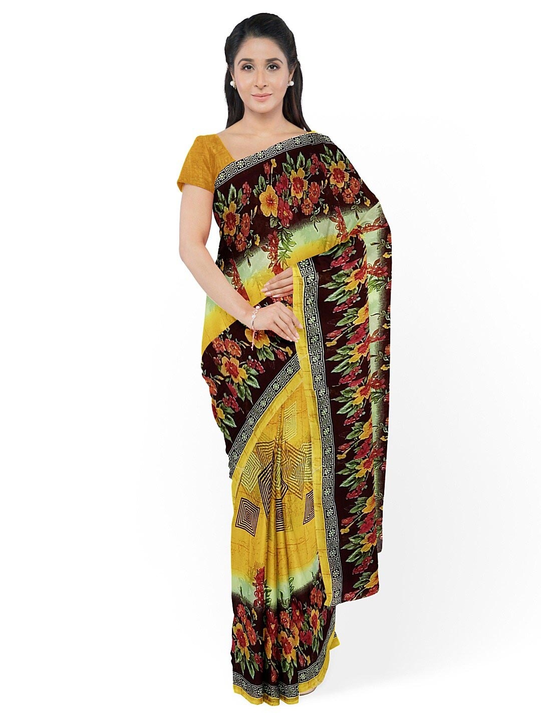 

KALINI Women Yellow & Black Floral Pure Georgette Fusion Dharmavaram Saree