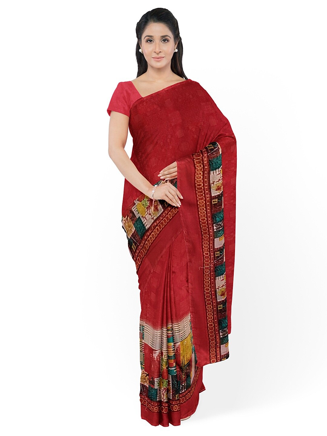 

KALINI Maroon Colourblocked Pure Georgette Fusion Dharmavaram Saree