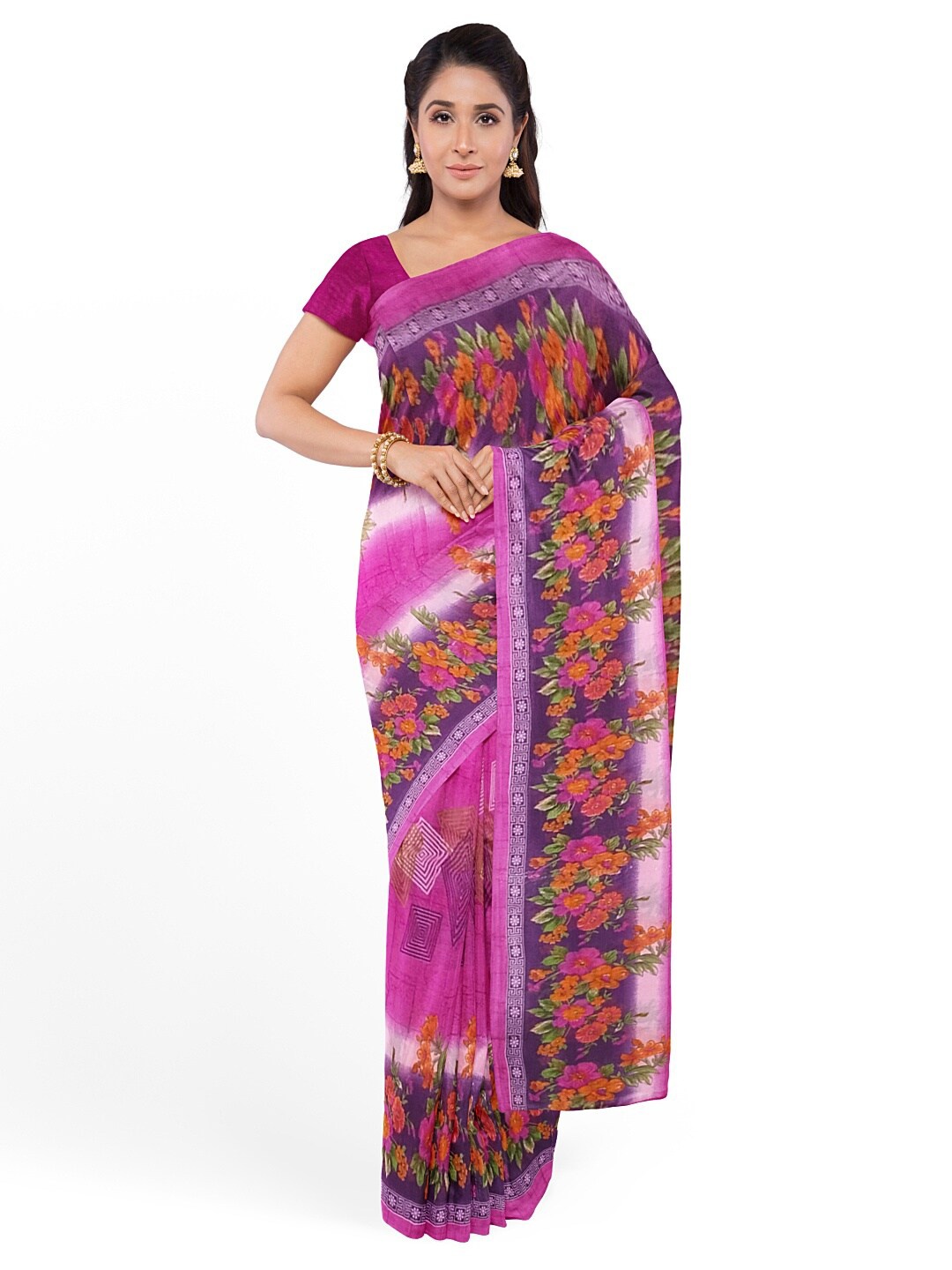 

KALINI Pink & Orange Floral Pure Georgette Fusion Dharmavaram Saree