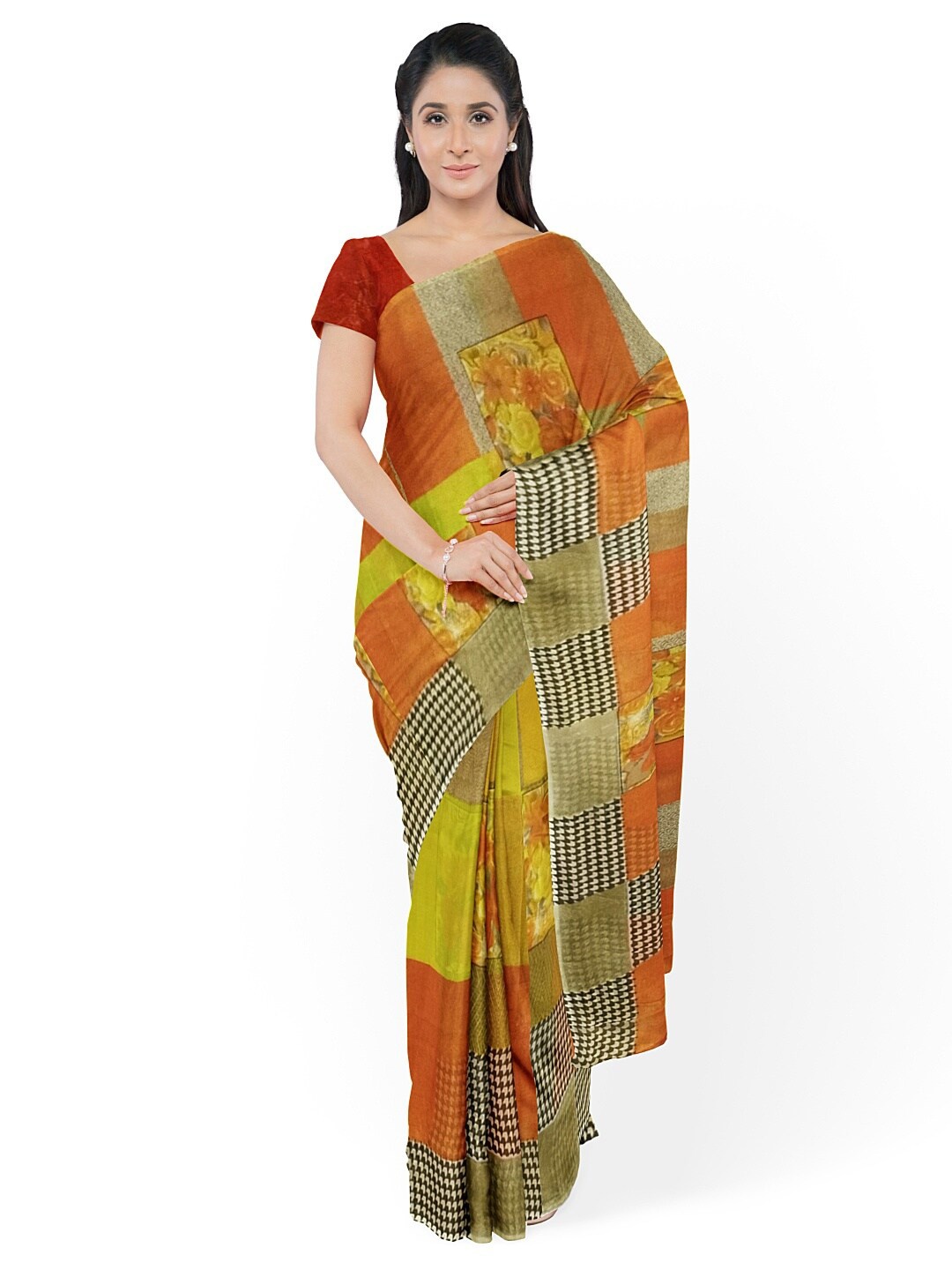 

KALINI Yellow & Orange Ethnic Motifs Pure Georgette Fusion Dharmavaram Saree