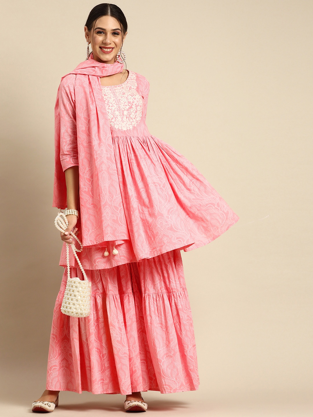 

Anouk Women Pink & White Ethnic Print Pleated Cotton Anarkali Kurta Sharara Dupatta