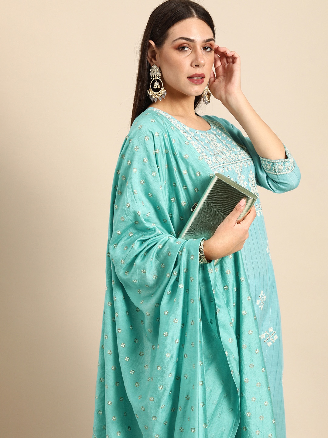 

Anouk Blue & Silver Ethnic Embroidered Gotta Patti Straight Kurta Trousers Dupatta