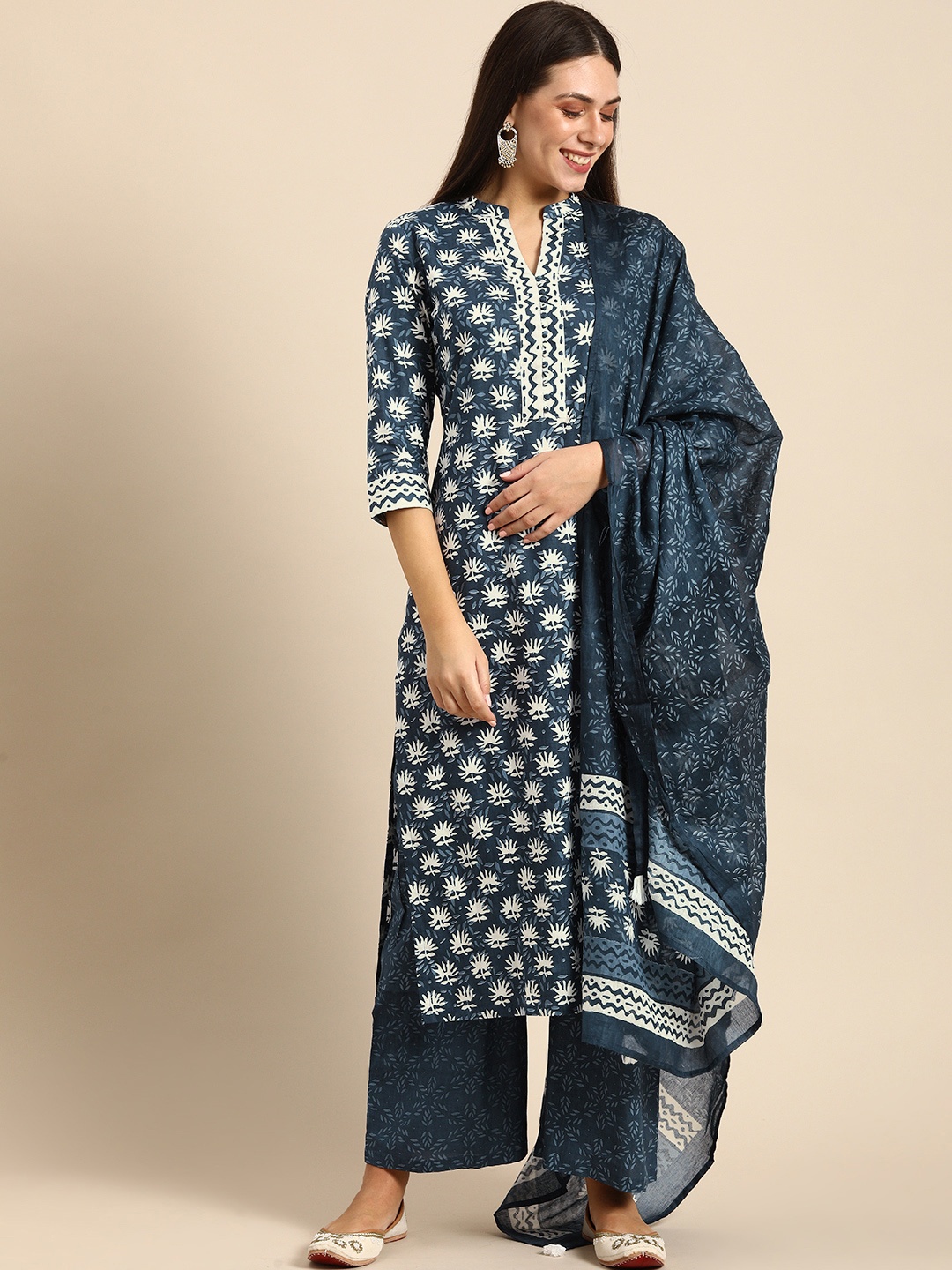 

Anouk Blue & White Floral Print Pure Cotton Kurta with Palazzos & Dupatta