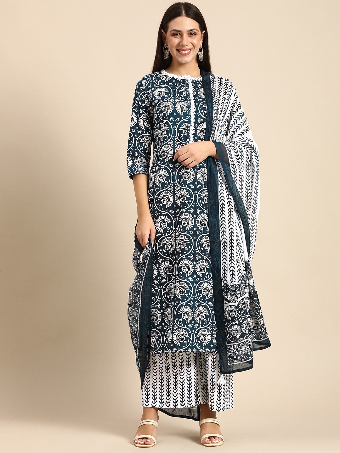

Anouk Women Blue Ethnic Motifs Embroidered Pure Cotton Kurta with Palazzos & With Dupatta