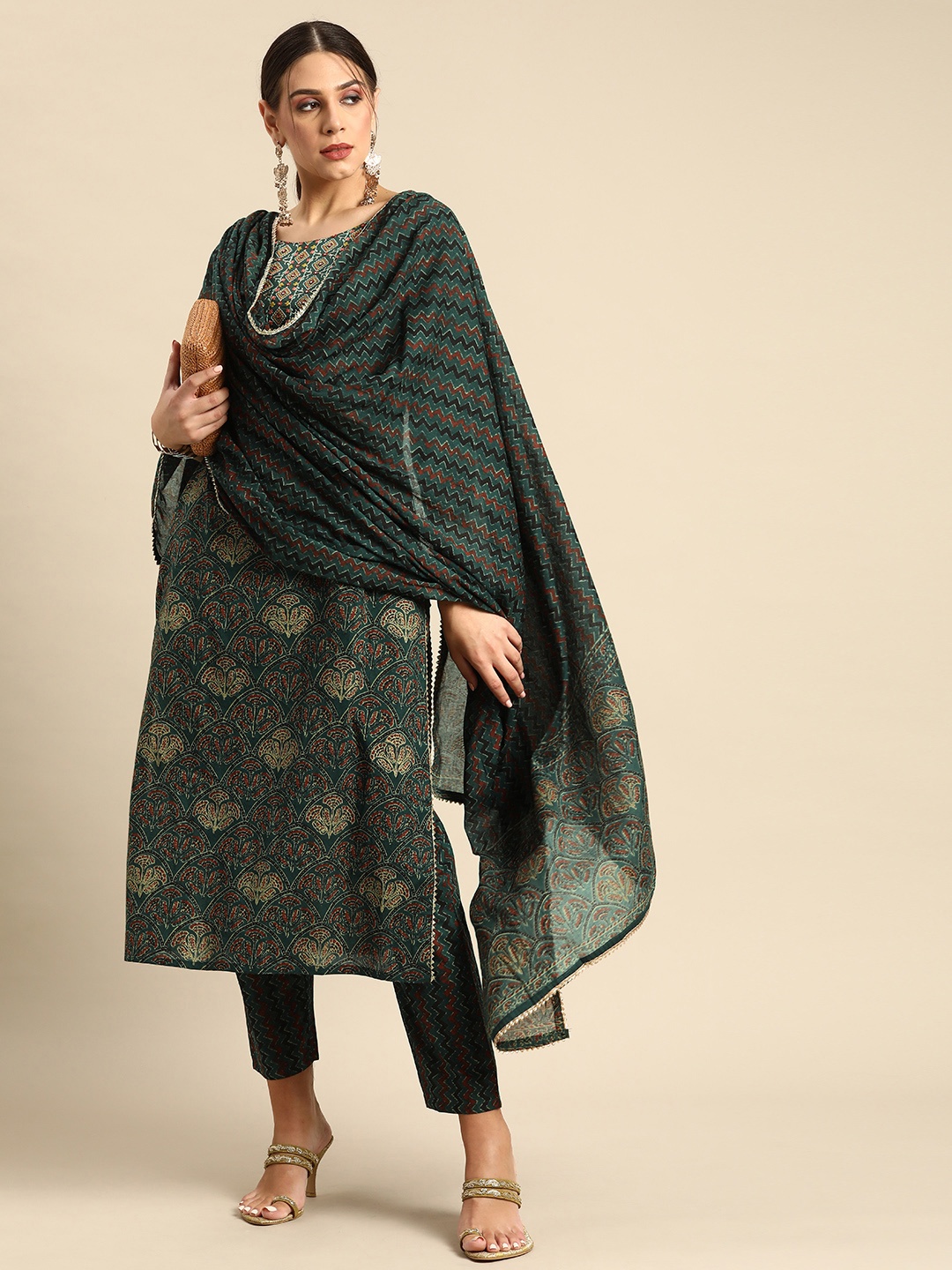 

Anouk Green & Rust Red Ethnic Ajrakh Embroidered Cotton Straight Kurta Trousers Dupatta