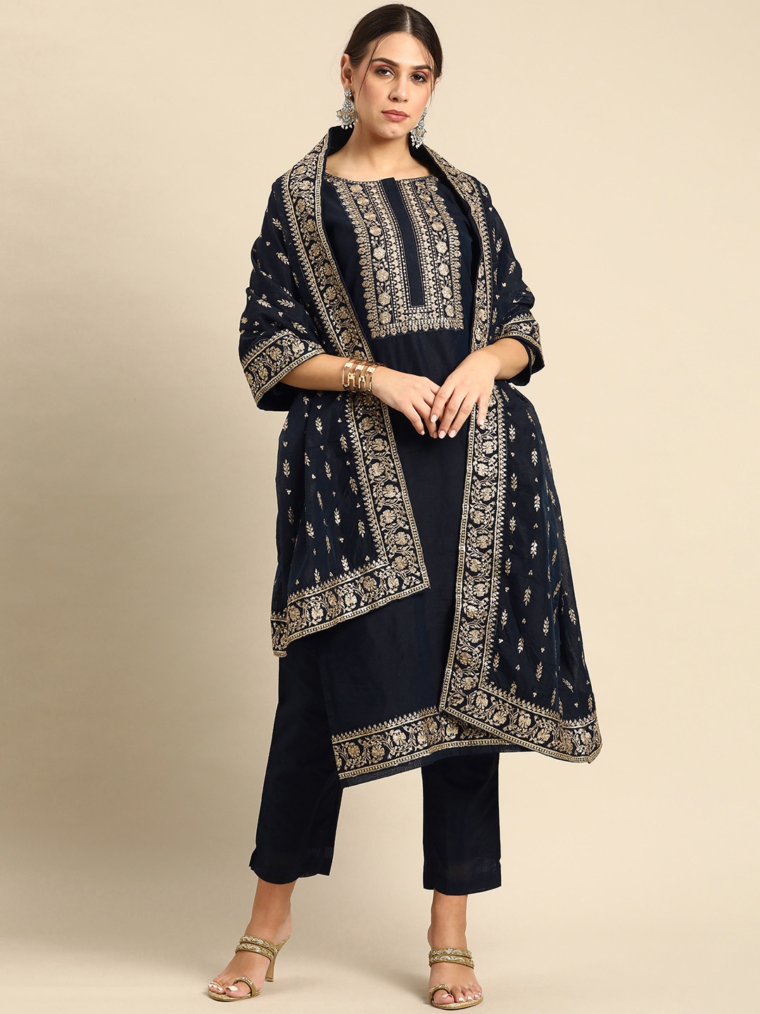 

Anouk Navy Blue & Gold Ethnic Motifs Yoke Zari Embroidered Straight Kurta Trousers Dupatta