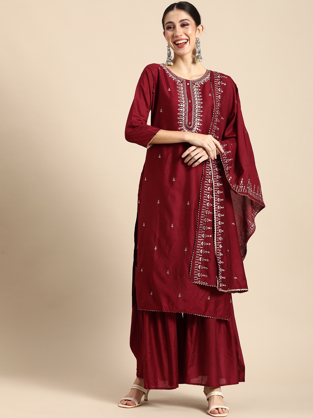 

Anouk Women Maroon Embroidered Kurta with Sharara & With Dupatta