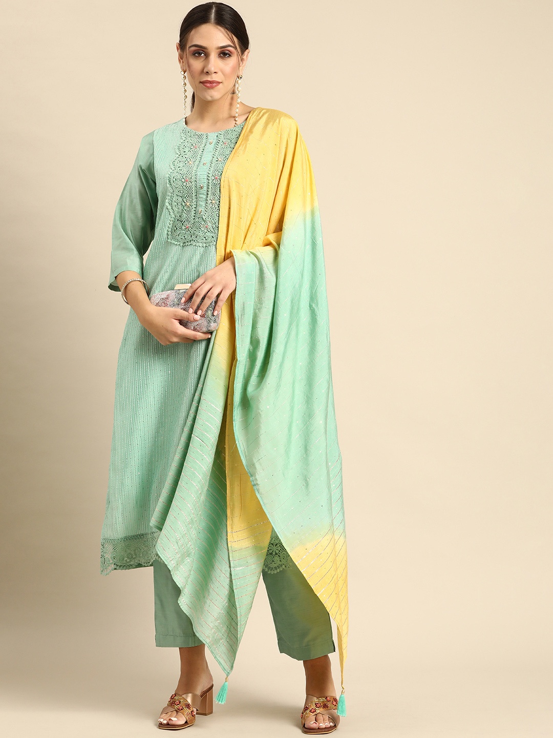 

Anouk Sage Green & Gold Ethnic Hand Embroidered Sequinned Straight Kurta Trousers Dupatta