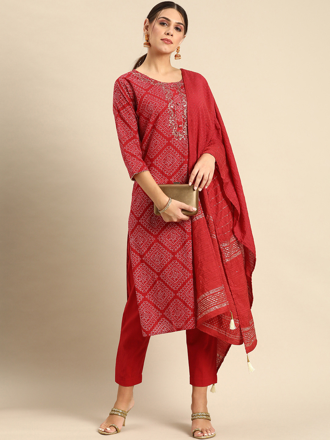 

Anouk Red & White Bandhani Print Mirror Work Cotton Straight Kurta Trousers Dupatta