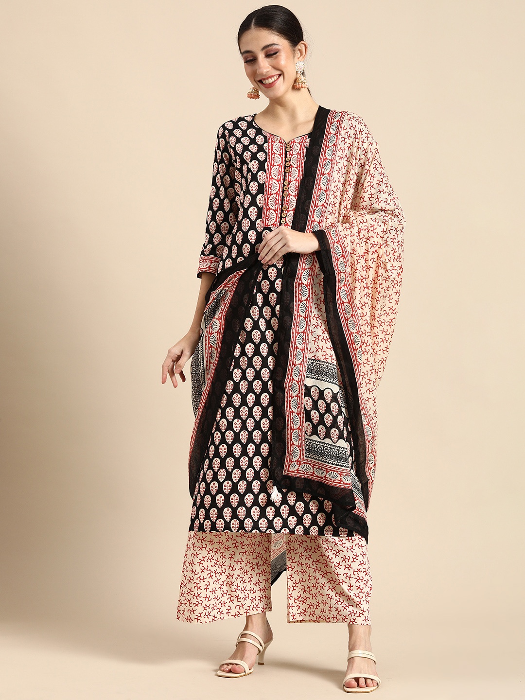 

Anouk Women Black Ethnic Motifs Embroidered Pure Cotton Kurta with Palazzos & With Dupatta