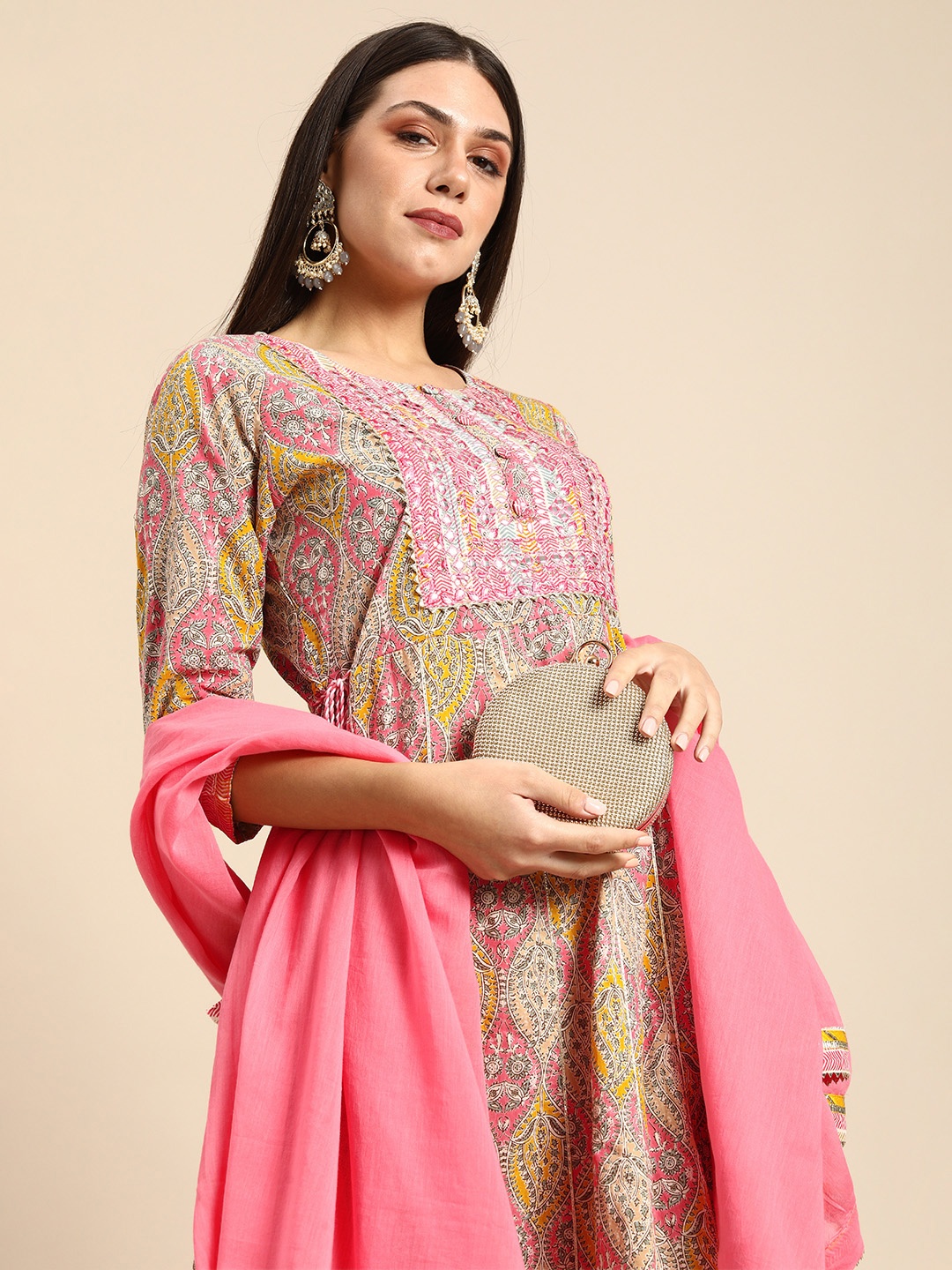 

Anouk Mustard Yellow & Pink Ethnic Print Mirror Work Cotton A-Line Kurta Trousers Dupatta