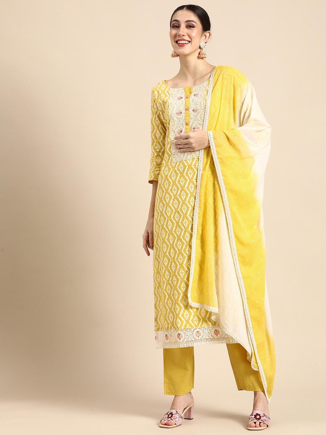 

Anouk Women Yellow Ethnic Motifs Embroidered Pure Cotton Kurta with Salwar & With Dupatta