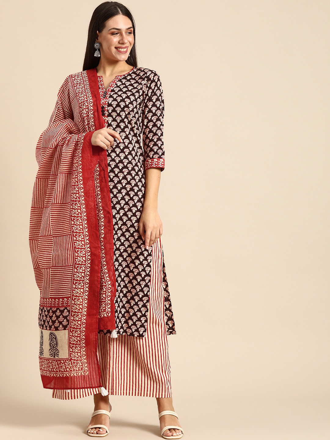 

Anouk Black & Beige Floral Printed Cotton Straight Kurta with Palazzos Dupatta