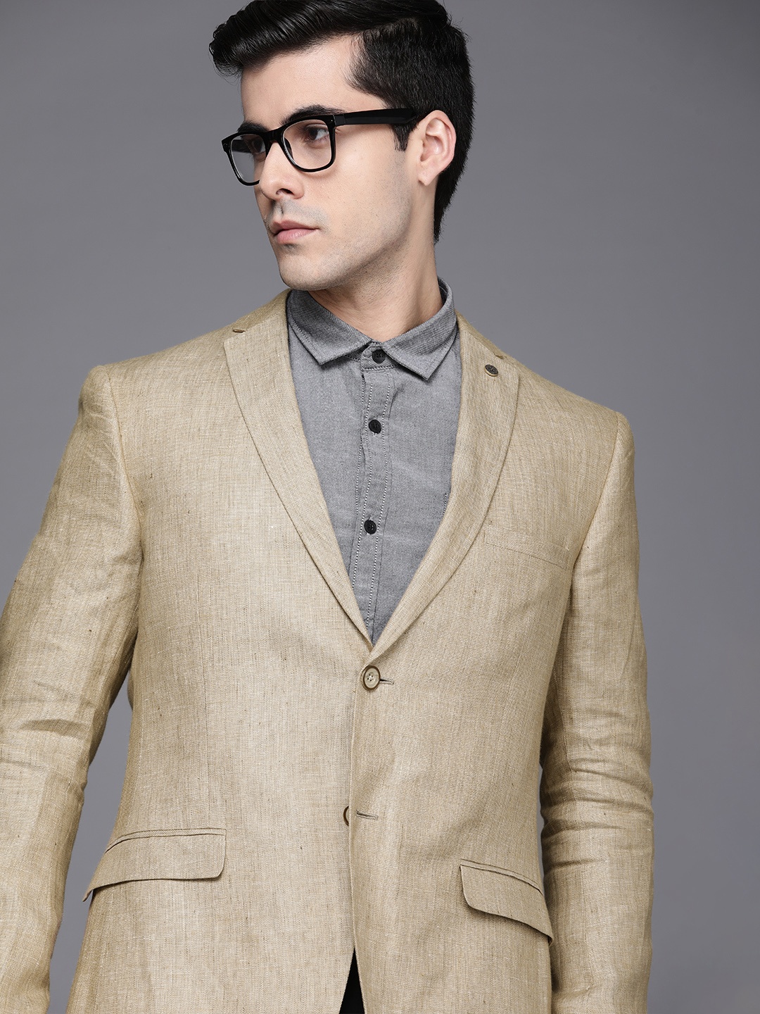 

Theme Men Beige Pure Linen Solid Slim Fit Formal Blazer