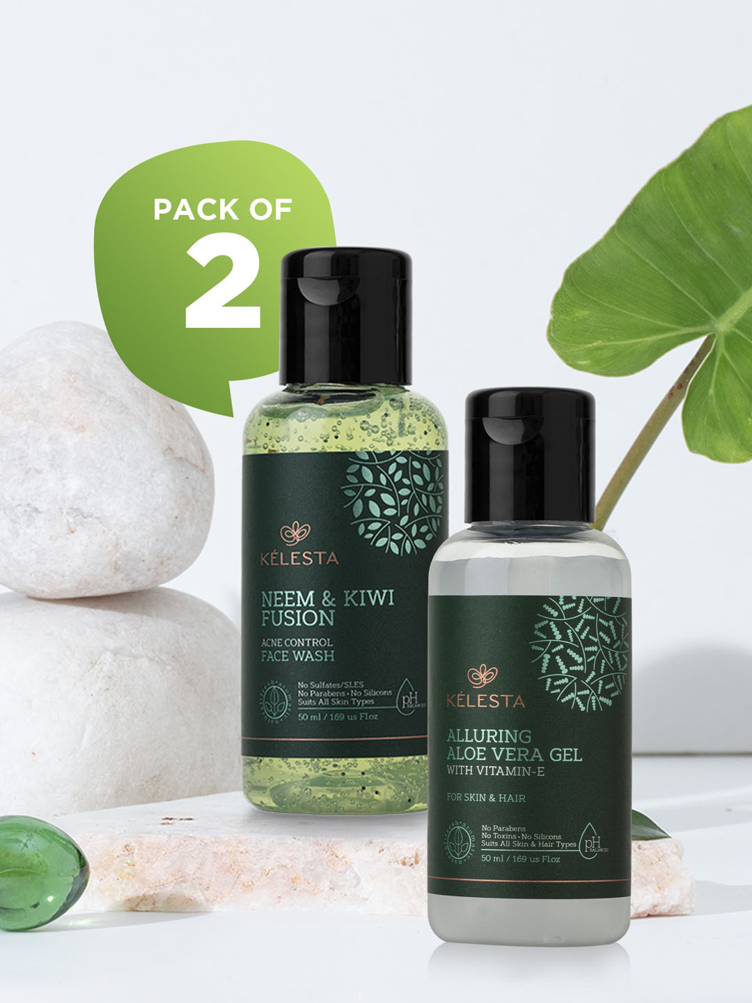 

KELESTA Combo of Alluring Aloe Vera Gel 50 ml & Neem Kiwi Fusion Face Wash 50 ml, Green