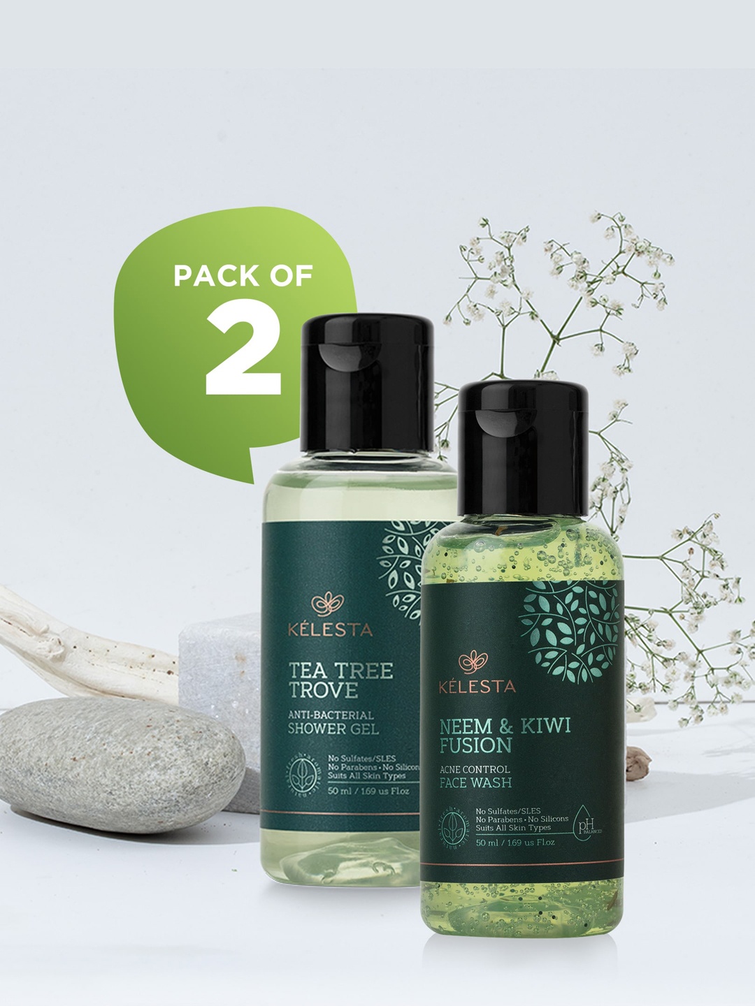 

KELESTA Set of Neem & Kiwi Fusion Facewash 50 ml - Tea Tree Trove Shower Gel 50 ml, Green