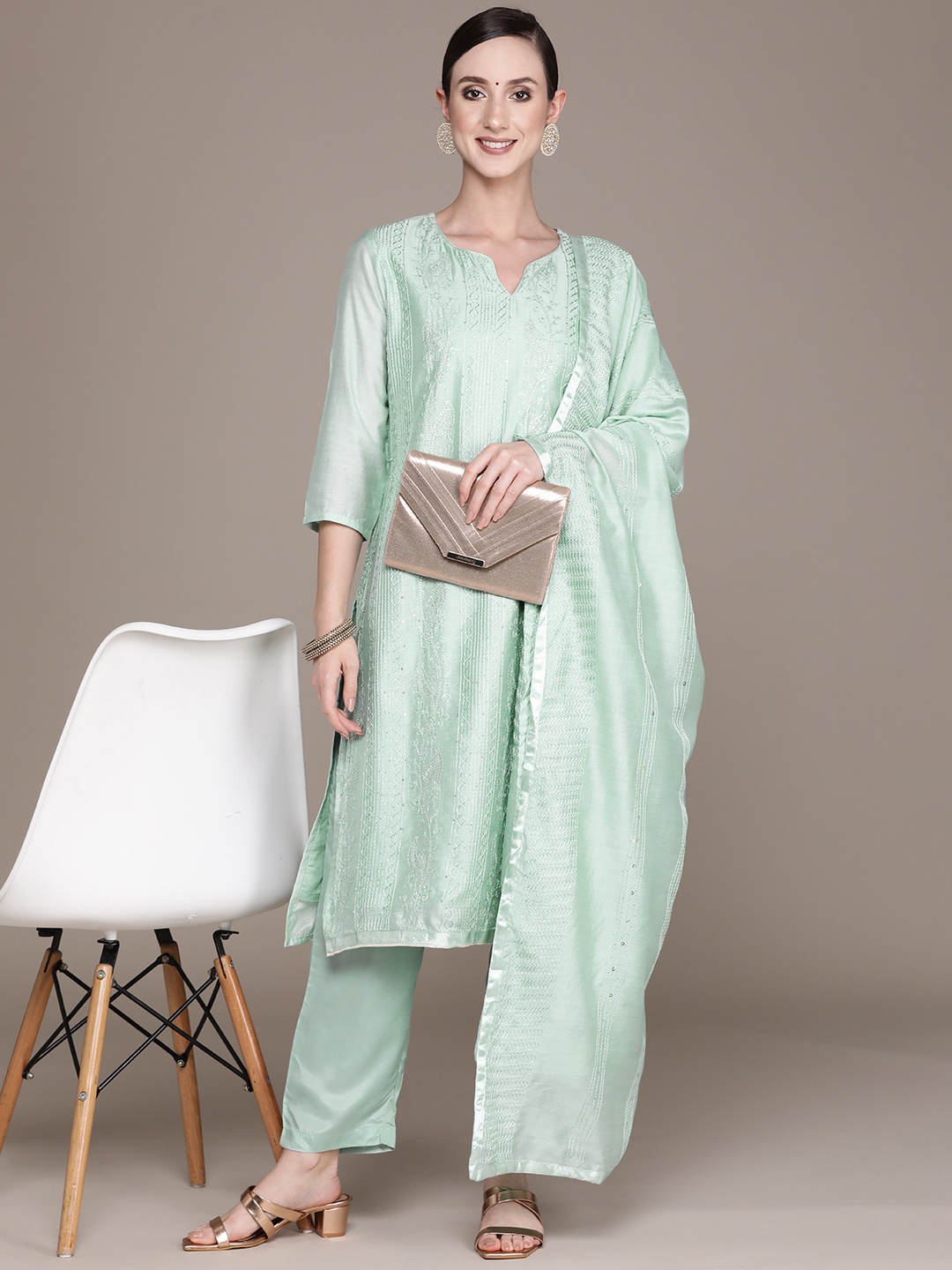 

Ishin Women Sea Green Floral Embroidered Kurta with Trousers & With Dupatta
