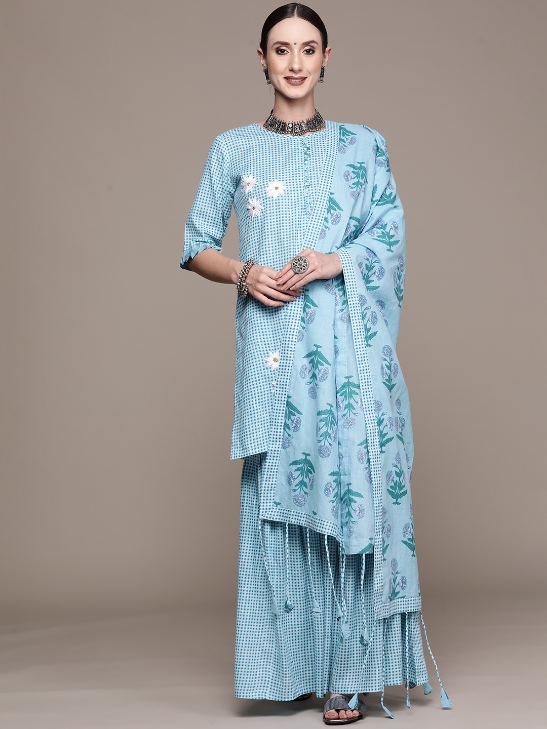 

Ishin Women Blue Embroidered Thread Work Pure Cotton Kurta with Sharara & With Dupatta