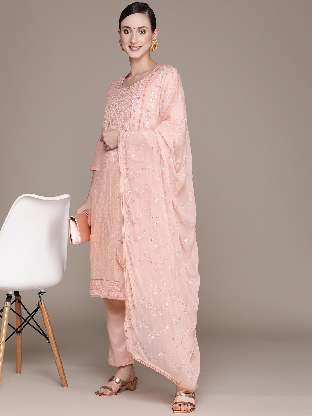 

Ishin Women Peach-Coloured Yoke Design Kurta with Trousers & With Dupatta