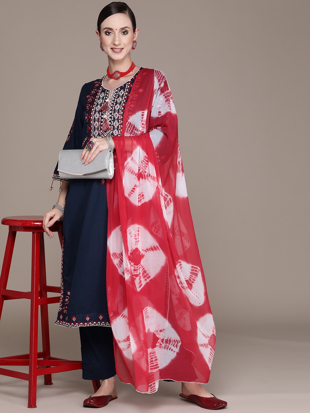 

Ishin Women Navy Blue Ethnic Motifs Embroidered Thread Work Pure Cotton Kurta with Trousers & With Dupatta