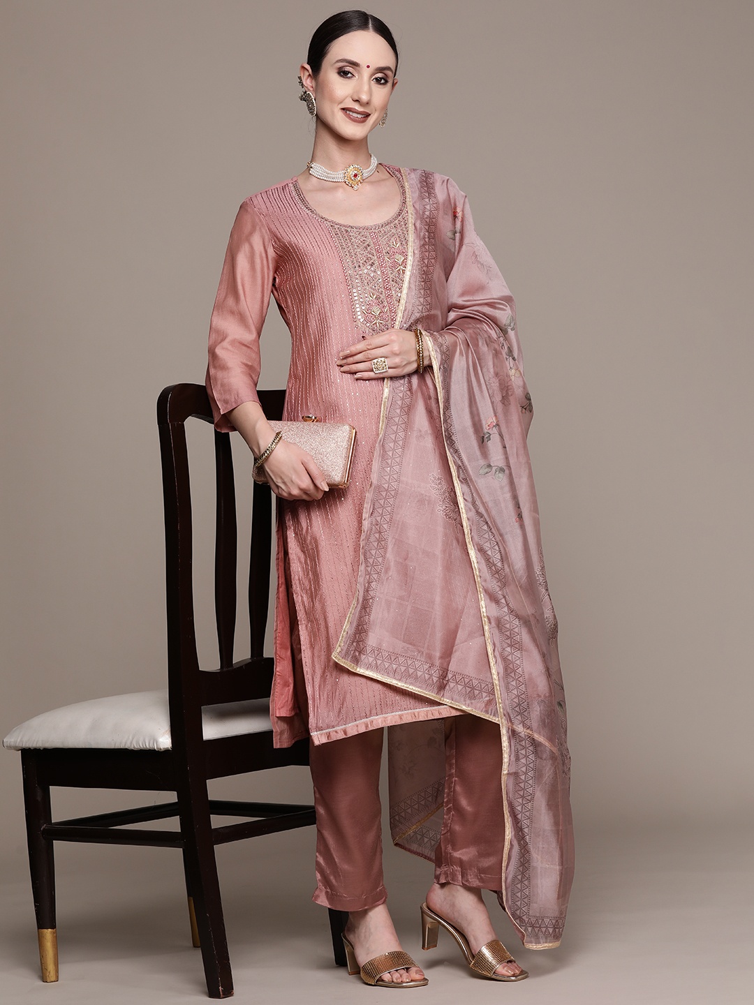

Ishin Women Mauve Yoke Design Sequinned Kurta with Trousers & With Dupatta