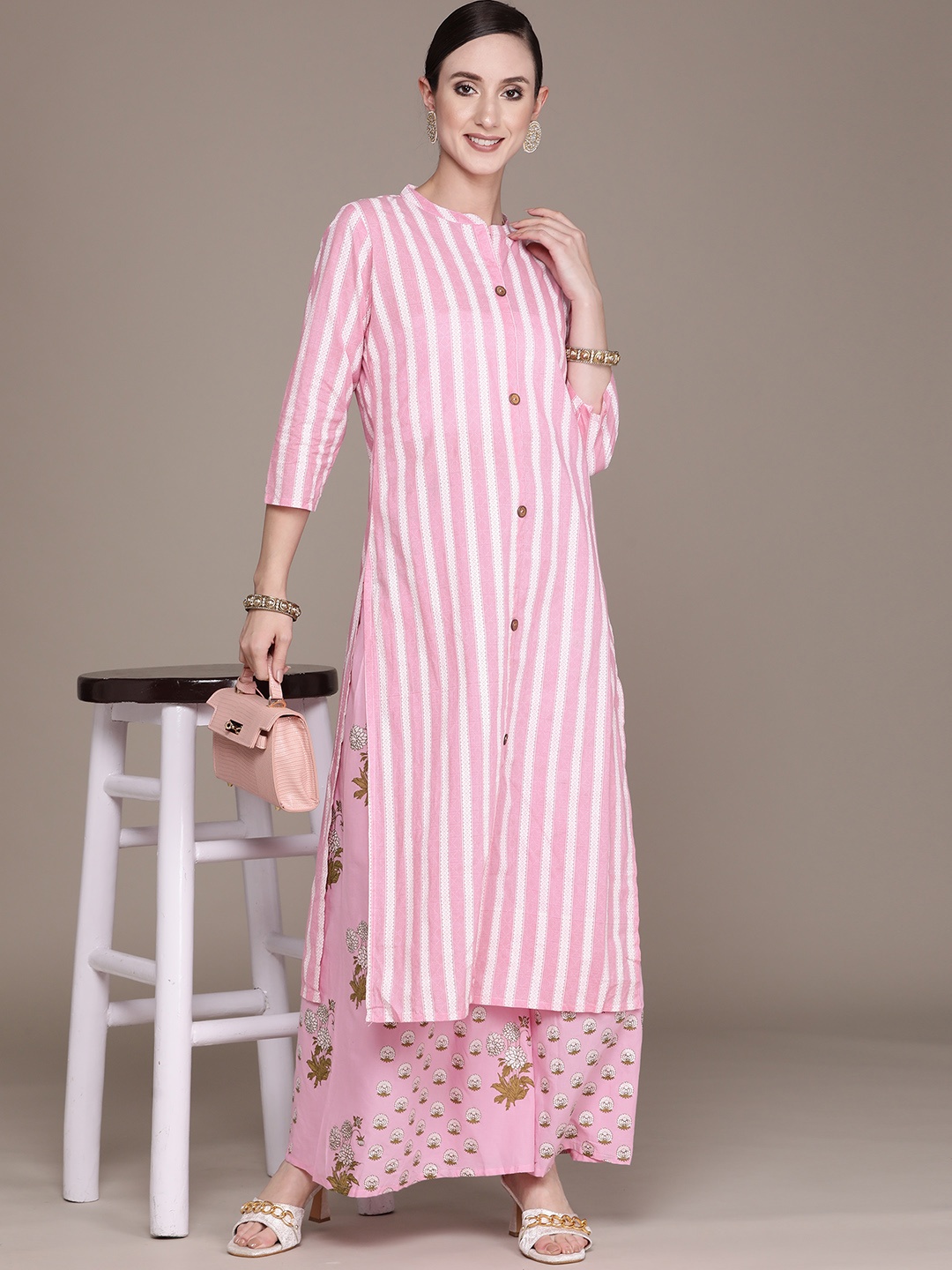 

Ishin Women Pink Striped Pure Cotton Kurta with Palazzos