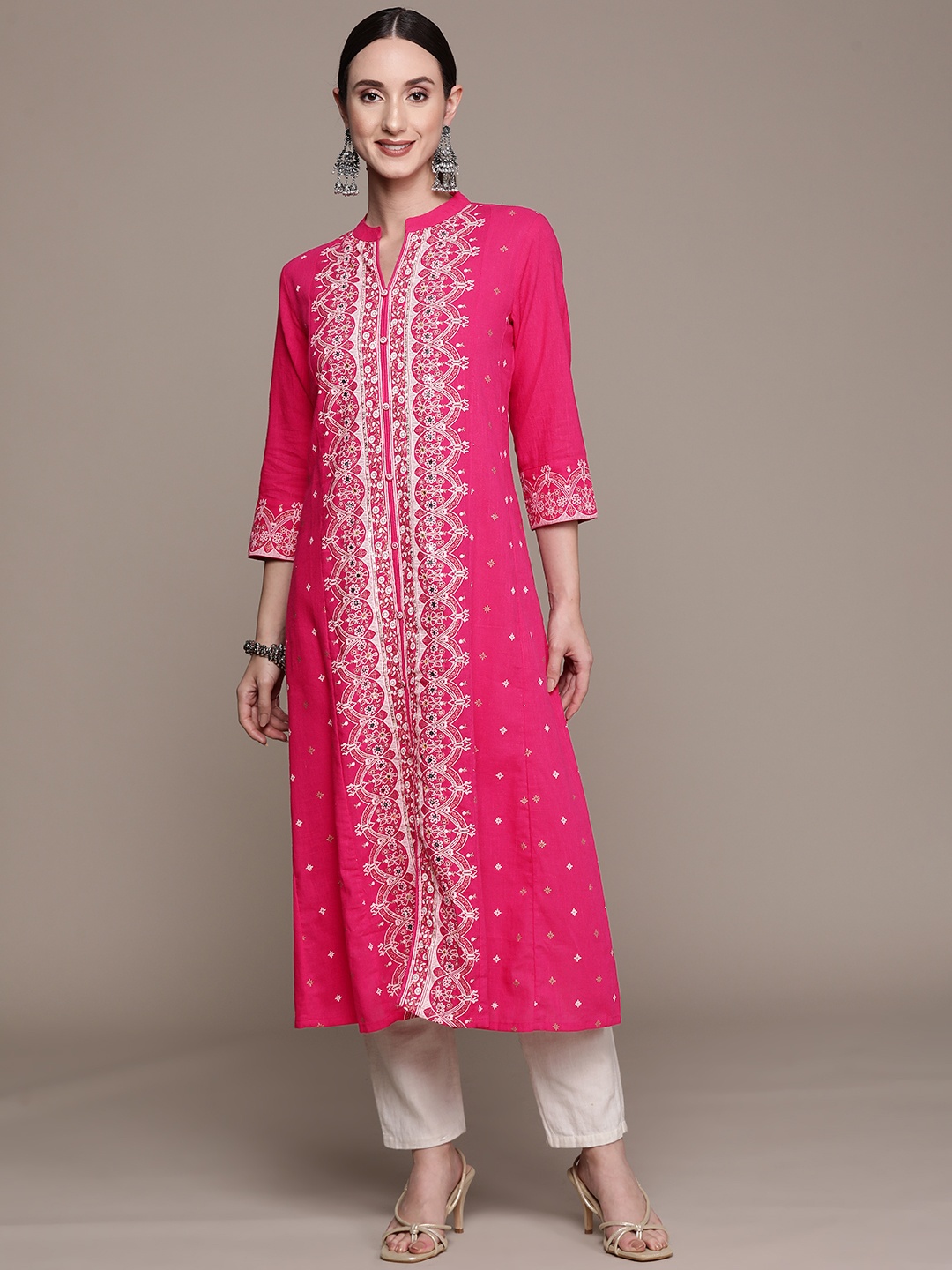 

Ishin Women Pink Ethnic Motifs Printed Block Cotton Kurta